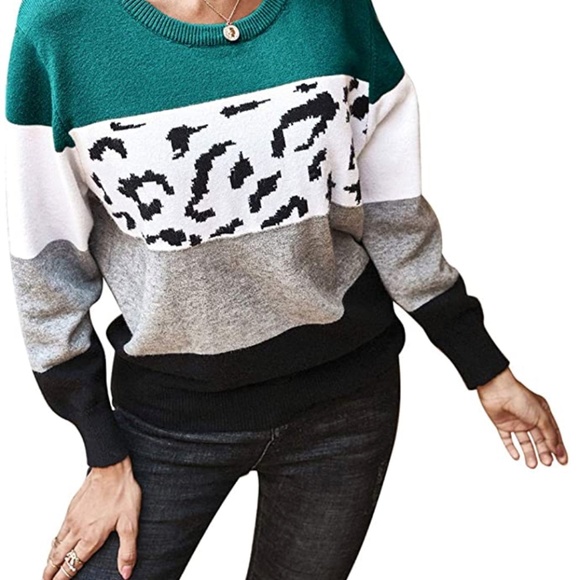 Onlypuff Women Knitted Sweater Striped Long-Sleeve Leopard Pullover Top - Picture 5 of 8